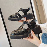 Sandalias romanas de plataforma hueca con diseño de planta jarra para mujer, de tejido grande y tacón alto.